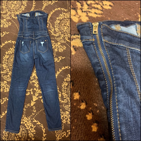 Bebe Lace-up Distressed Denim Strapless Jumpsuit - Picture 8 of 12